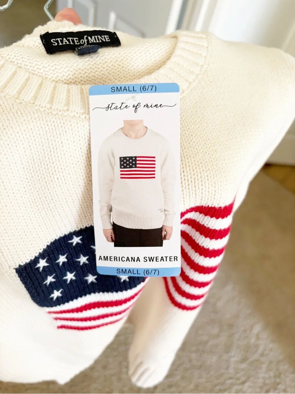 S (6/7) • NEW Cream Crewneck Sweater with American Flag Gender Neutral